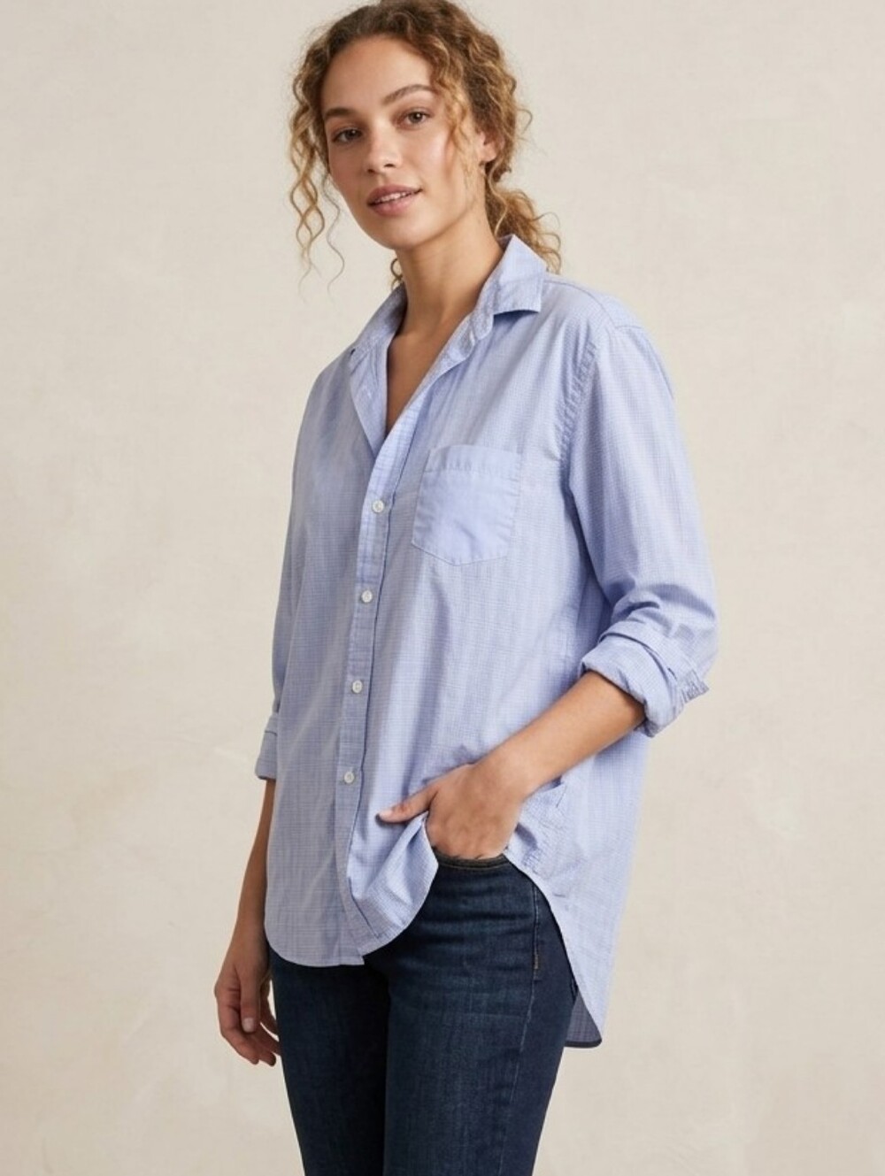 Frank & Eileen Lavender Blue Micro-Check Button-Up Shirt Size S OVERSIZED